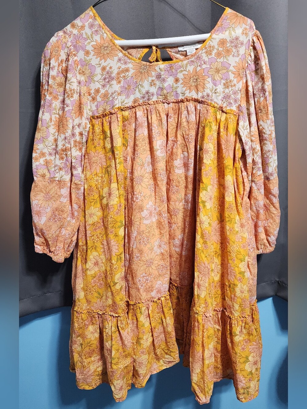 American Eagle Floral Babydoll Mini Dress Tiered Ruffle Yellow Orange Boho Large
